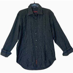 Robert Graham Dark Gray Leaves Embroidered Stripes Long Sleeve Shirt